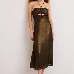 Boden Metallic Gold Halter Midi Dress